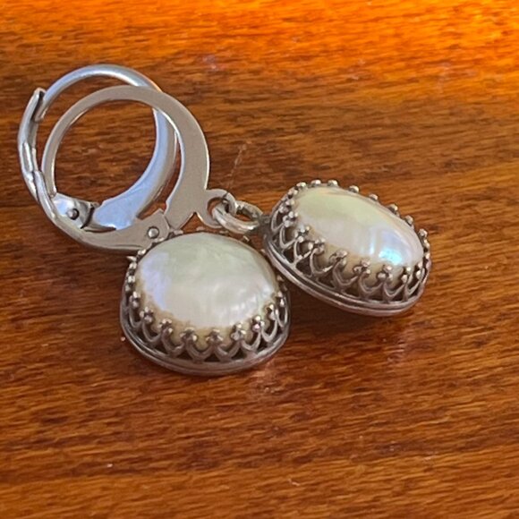 White Pearl Dangle Earrings, Coin Pearl Earrings, Wedding Jewelry - Picture 8 of 11